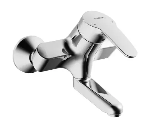 Einhebelmischer in Chromausführung von HANSA, mit seitlichem Hebel und Auslaufentleerung. Das Design ist funktional und für die Wandmontage geeignet.